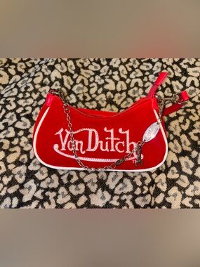 NWOT Von Dutch Red Velvet Rhinestone Logo Shoulder Bag Wrench Charm